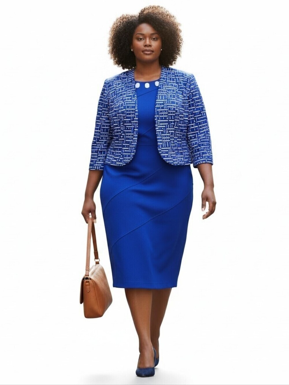 Maya Brooke Midi Dress Suit Size 16W Blue Embellished Neckline Cropped Jacket